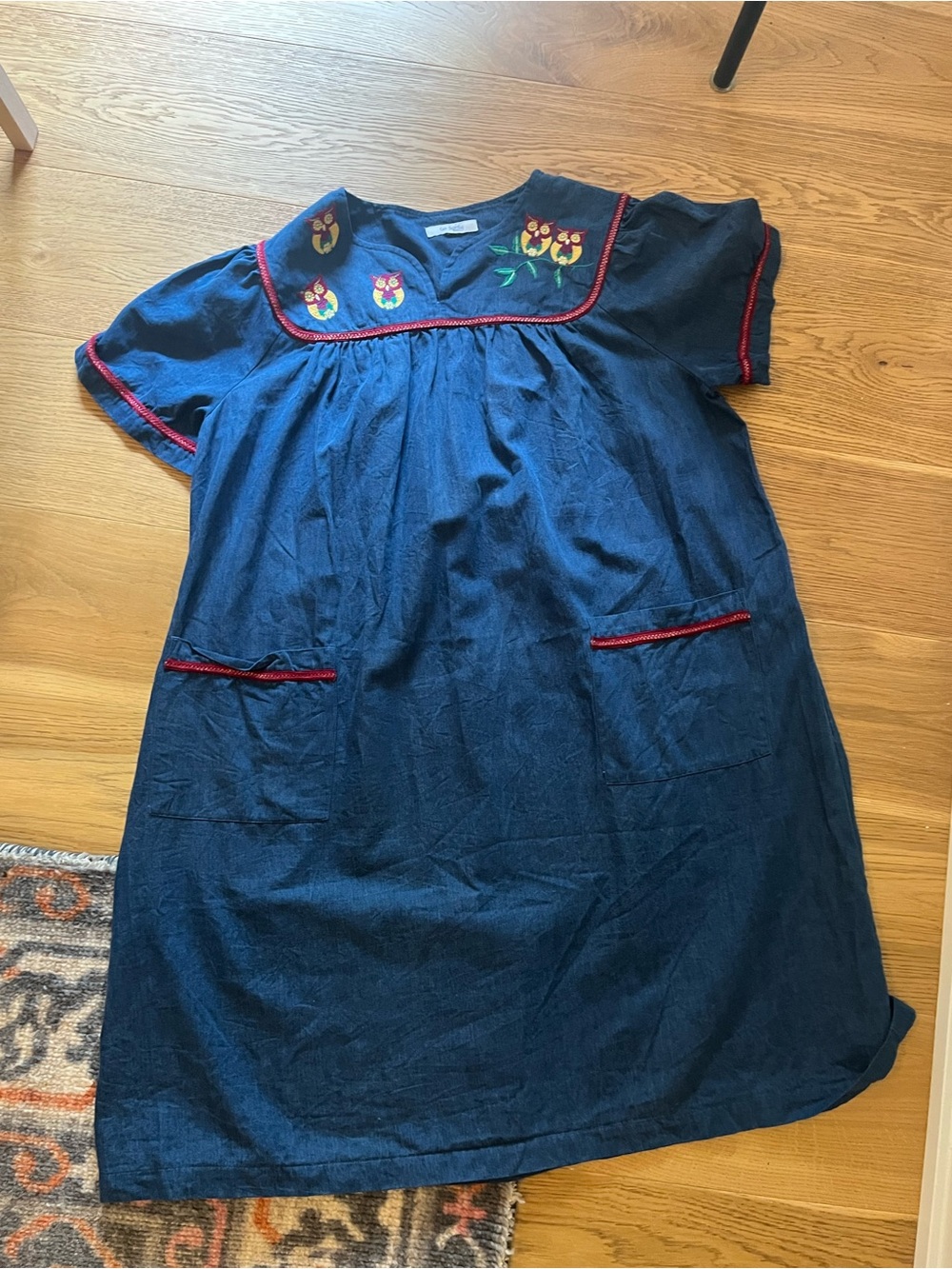 Cottagecore Denim Owl Embroidered Navy Midi Dress with Red Trim - Picture 1 of 6